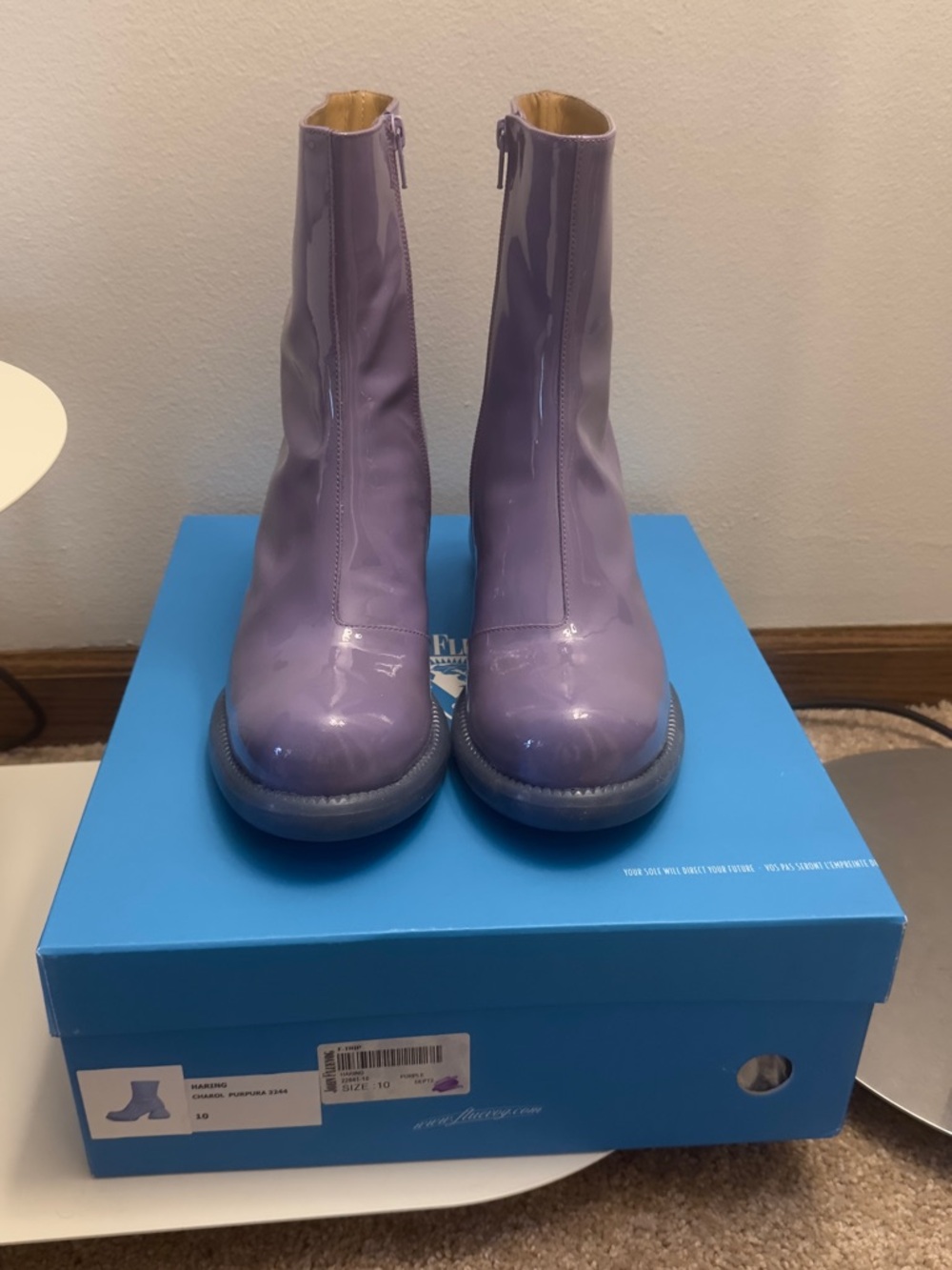 Fluevog Excellent F-Trip Haring Purple Patent leather zip up mid calf boot - 10 - Picture 2 of 12